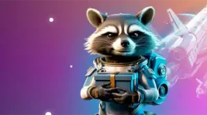 Изображение енота в солнечных очках с скипетром, празднующего с воздушными шарами и золотыми монетами, символизирующее приветственный бонус в Bonsai Казино.